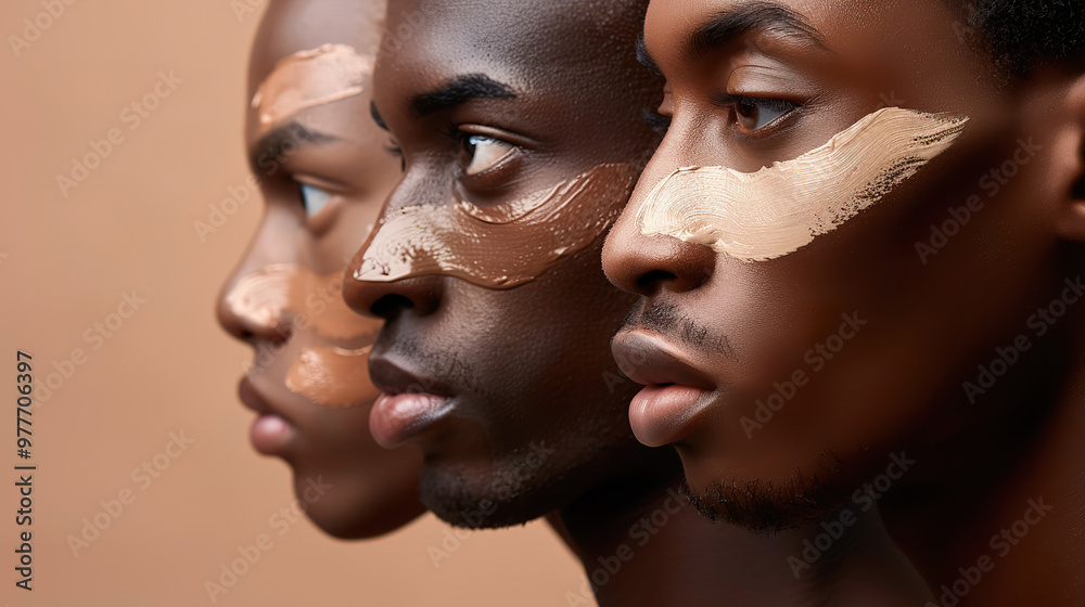 Diverse group of men showcasing cosmetic skincare applications in a studio setting Diverse group of men showcasing cosmetic skincare applications in a studio setting
