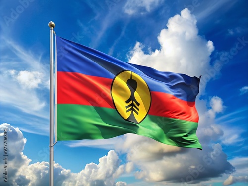 Vibrant blue, red, and yellow tricolor flag of New Caledonia waving in the wind, symbolizing freedom and unity, photo