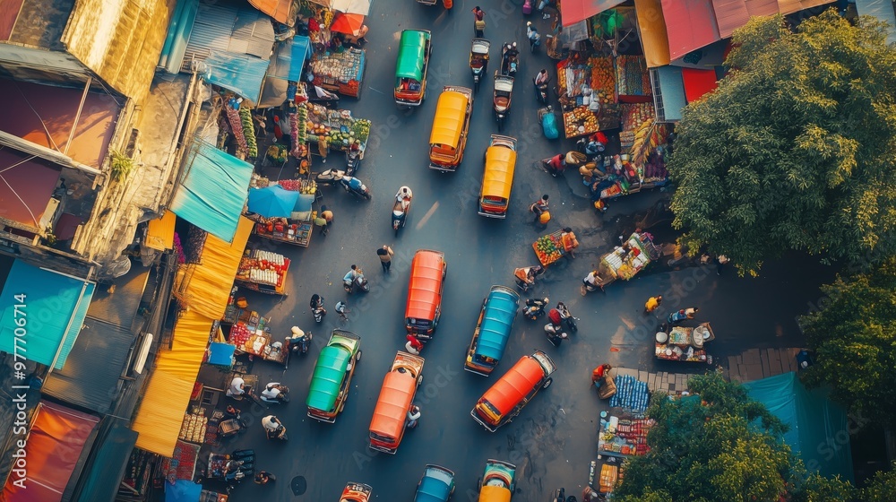 Aerial view of colorful tuk-tuks, bustling markets, and lively vendors in a vibrant city scene.