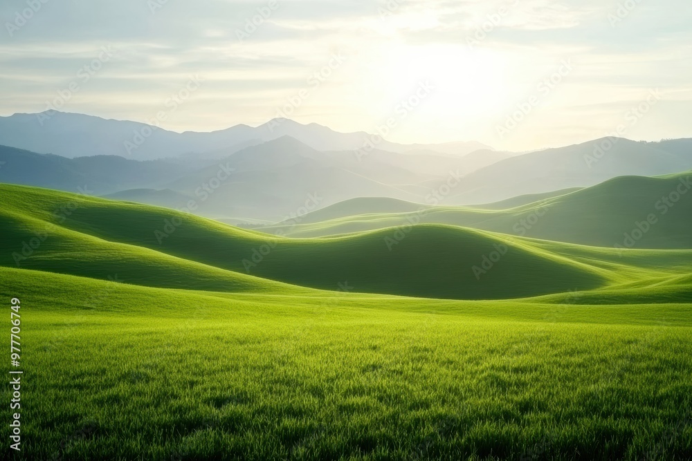 Fototapeta premium A serene landscape featuring rolling green hills under a soft, glowing sunrise, evoking peace and tranquility in nature.
