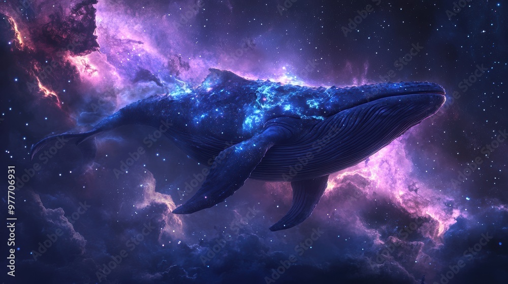 Fototapeta premium Whale Floating Through the Cosmos with Bioluminescent Glow