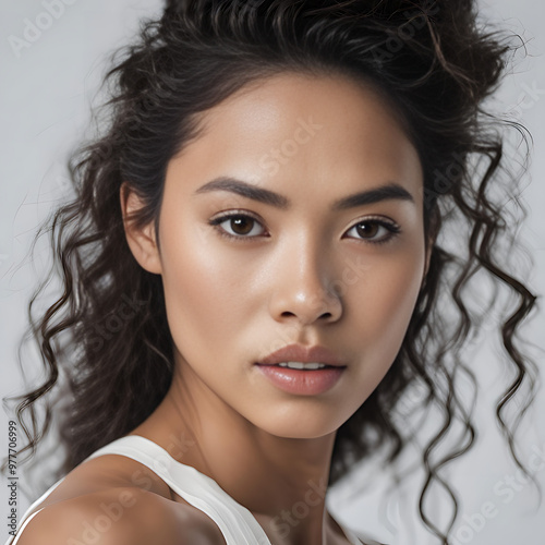 Potrait of exotic and beautiful  asian woman with natural black hair photo