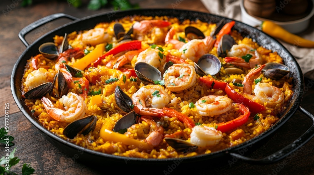 A high-resolution image of a seafood paella with colorful bell peppers, saffron rice, and a mix of shrimp, clams, and calamari, served in a large, rustic pan. A high-resolution image of a seafood paella with colorful bell peppers, saffron rice, and a mix of shrimp, clams, and calamari, served in a large, rustic pan.