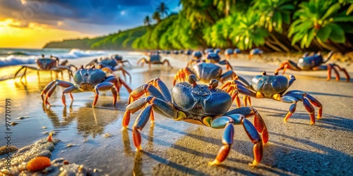 Vibrant blue-gray land crabs with vibrant orange claws traverse a sun-drenched, sandy beach, their shells glistening in photo