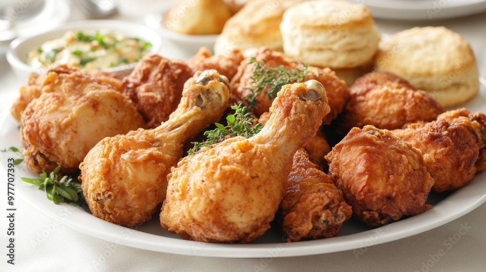 A high-resolution image of a platter of assorted fried chicken pieces, including drumsticks and wings, garnished with herbs and served with a side of biscuits. A high-resolution image of a platter of assorted fried chicken pieces, including drumsticks and wings, garnished with herbs and served with a side of biscuits.