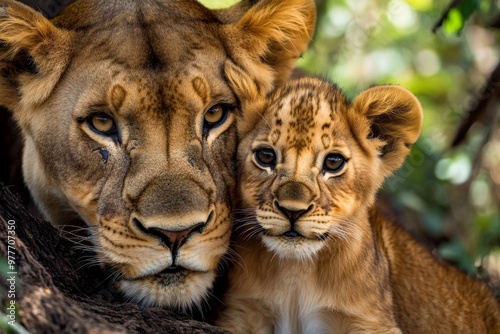 Kenya lion cub nuzzling its mother, sharing a moment of tenderness amidst the wild surroundings photo