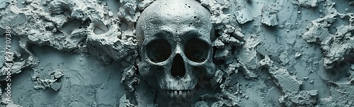 Skull hanging on a wall in a room, banner, copy space