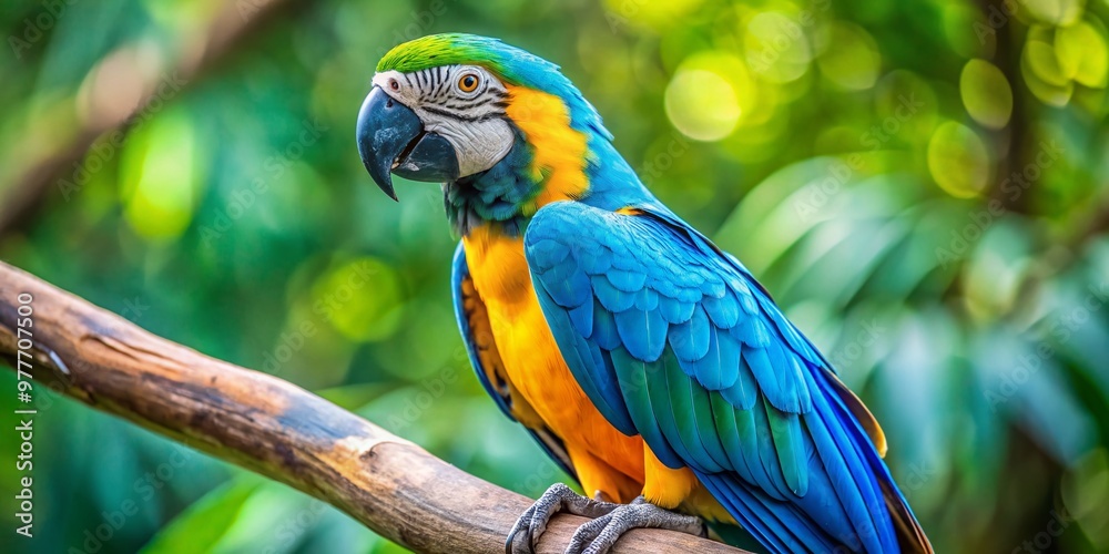 Vibrant blue-throated macaw perches on a branch, its iridescent feathers glistening in the sunlight, showcasing its Vibrant blue-throated macaw perches on a branch, its iridescent feathers glistening in the sunlight, showcasing its