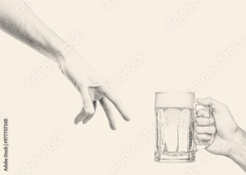 Hand reaching towards a beer mug, sense of connection and celebration. Retro photocopy effect, vintage dotted texture. Perfect for pubs, bars, or beer related content.
