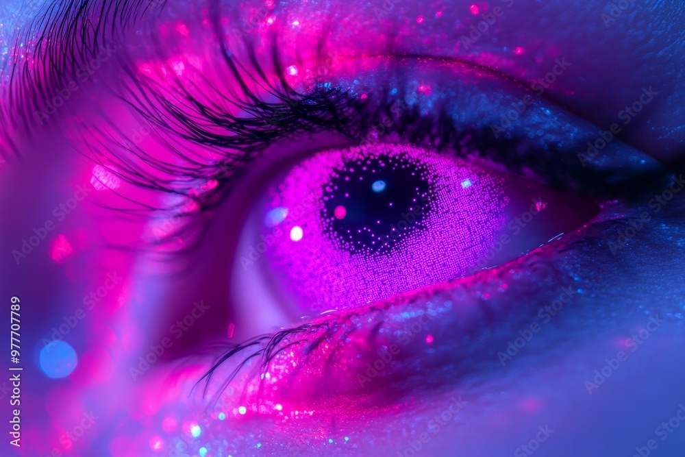 Pink and purple eye with glowing stars symbolizing the interplay of vision light and color in a futuristic context Pink and purple eye with glowing stars symbolizing the interplay of vision light and color in a futuristic context