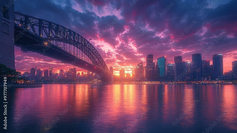 Obraz premium A stunning sunset view over city skyline, featuring iconic bridge and vibrant reflections on water. colorful clouds create dramatic atmosphere