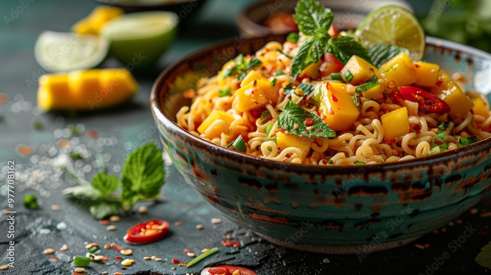 Salad ramen - vegetarian dish with egg noodles, mango, lime and vegetables. Healthy panasian cuisine Salad ramen - vegetarian dish with egg noodles, mango, lime and vegetables. Healthy panasian cuisine
