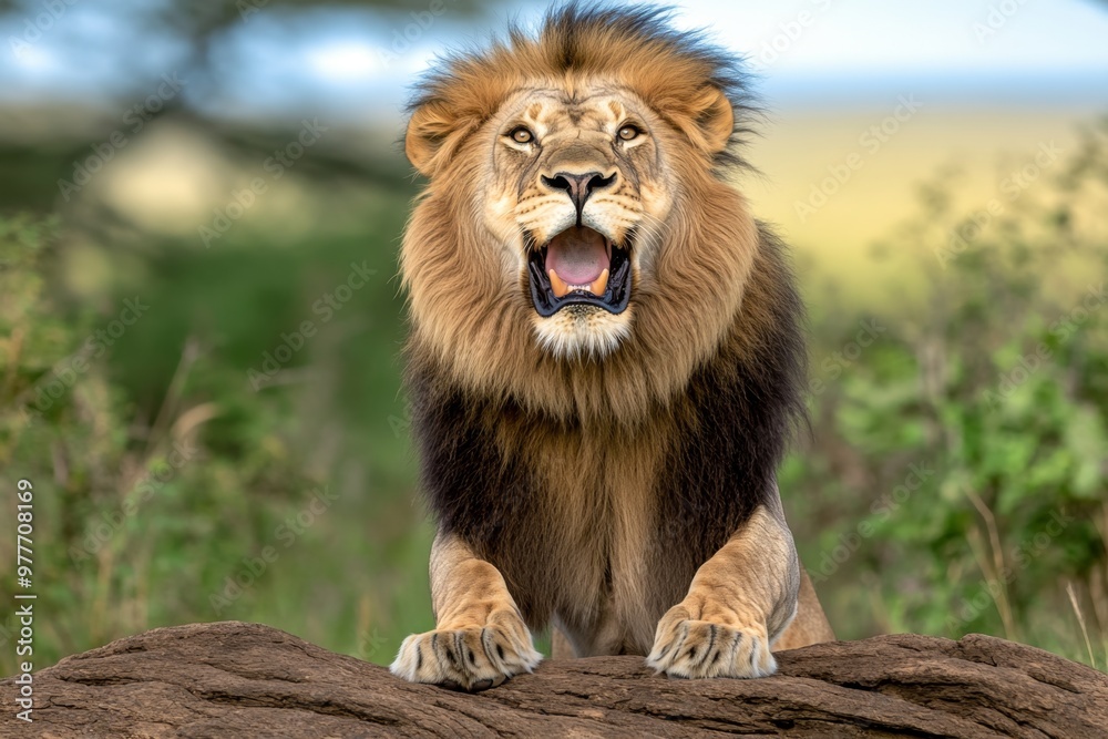 Kenya lion male roaring to mark its territory, its powerful voice echoing across the savannah Kenya lion male roaring to mark its territory, its powerful voice echoing across the savannah