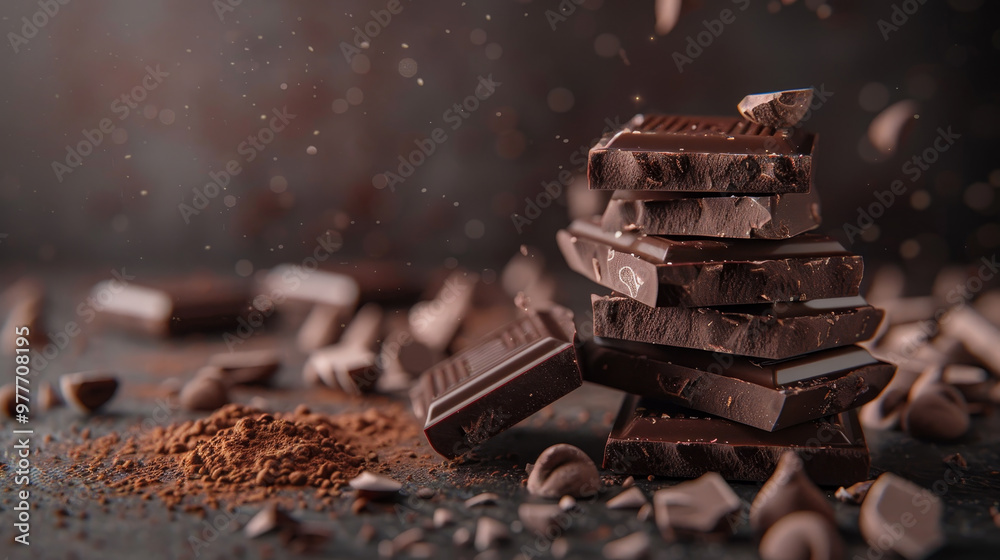 A pile of chocolate bars and chocolate powder on a table A pile of chocolate bars and chocolate powder on a table