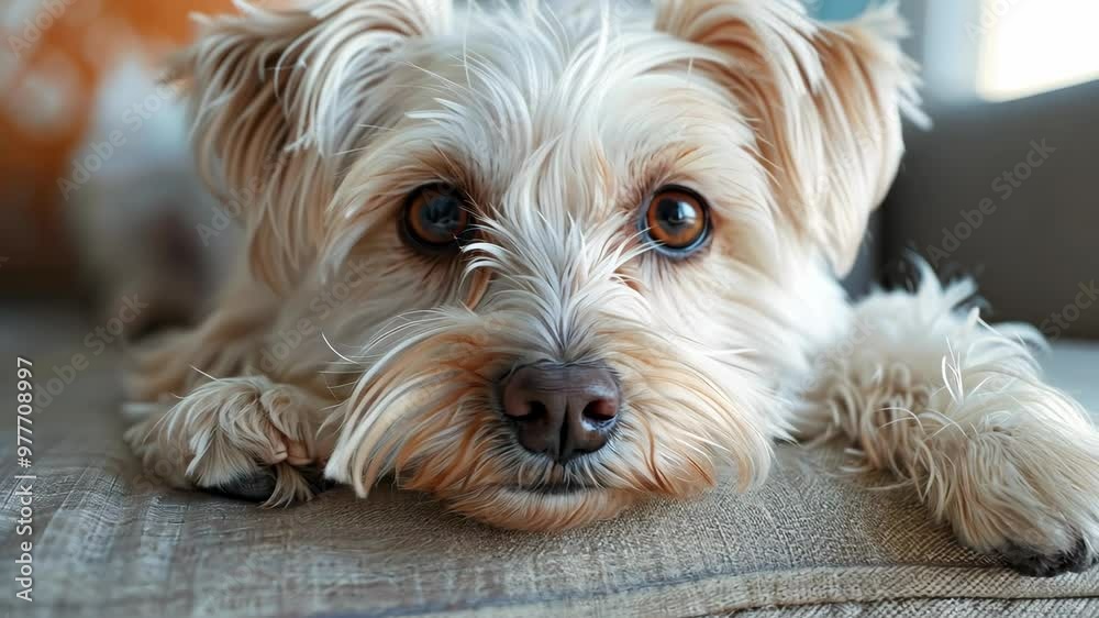 Close-up portrait of a relaxed dog lounging indoors on a cozy sofa in natural light Close-up portrait of a relaxed dog lounging indoors on a cozy sofa in natural light