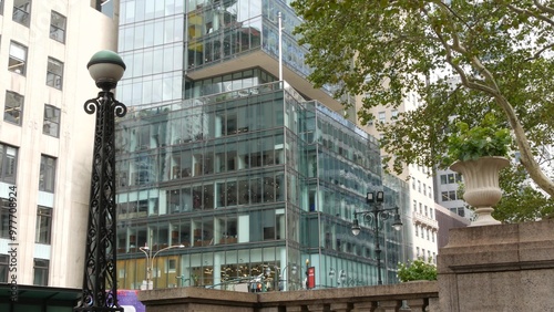 New York underground subway globe, metro orb lamp. Metropolitan entrance, Manhattan. 42 street near Library, Bryant Park, Fifth 5 avenue. Public transport station entrance, Midtown business district.