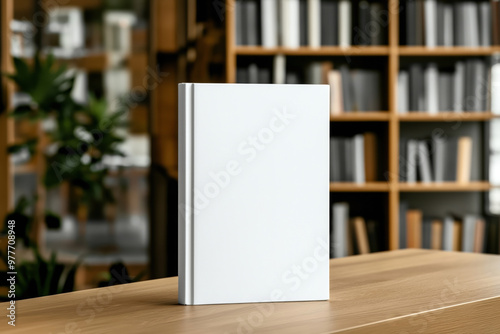 A blank book cover mockup standing on a wooden table with blurred bookshelves in the background. The setting appears to be a cozy library or study with a warm atmosphere.