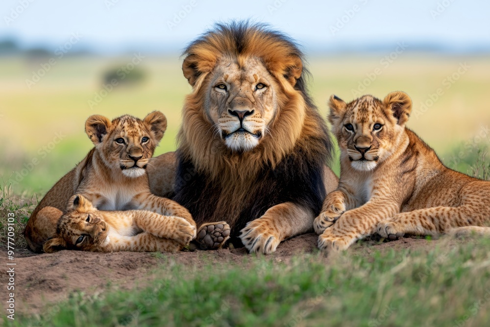 Kenya lion pride lounging together in the Kenyan savannah, with cubs playfully wrestling nearby Kenya lion pride lounging together in the Kenyan savannah, with cubs playfully wrestling nearby