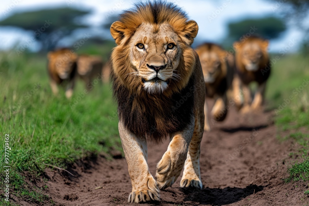 Obraz premium Kenya lion pride on the move, traveling through the savannah in search of fresh hunting grounds