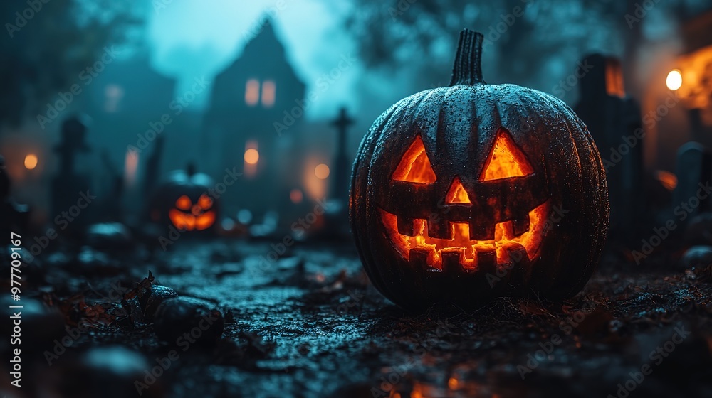 Abandoned scary house near the cemetery in the forest with pumpkins, a full moon, bats and fog. Pumpkins In Graveyard In The Spooky Night, Halloween Backdrop