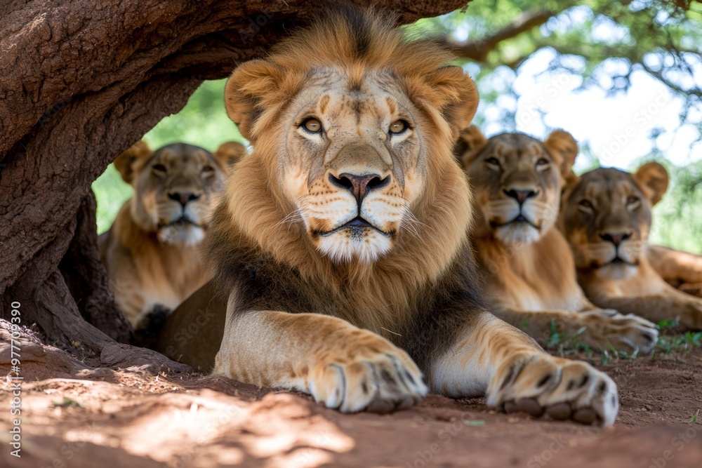 Kenya lion pride resting in a cool, shady spot beneath a large tree, avoiding the midday heat Kenya lion pride resting in a cool, shady spot beneath a large tree, avoiding the midday heat