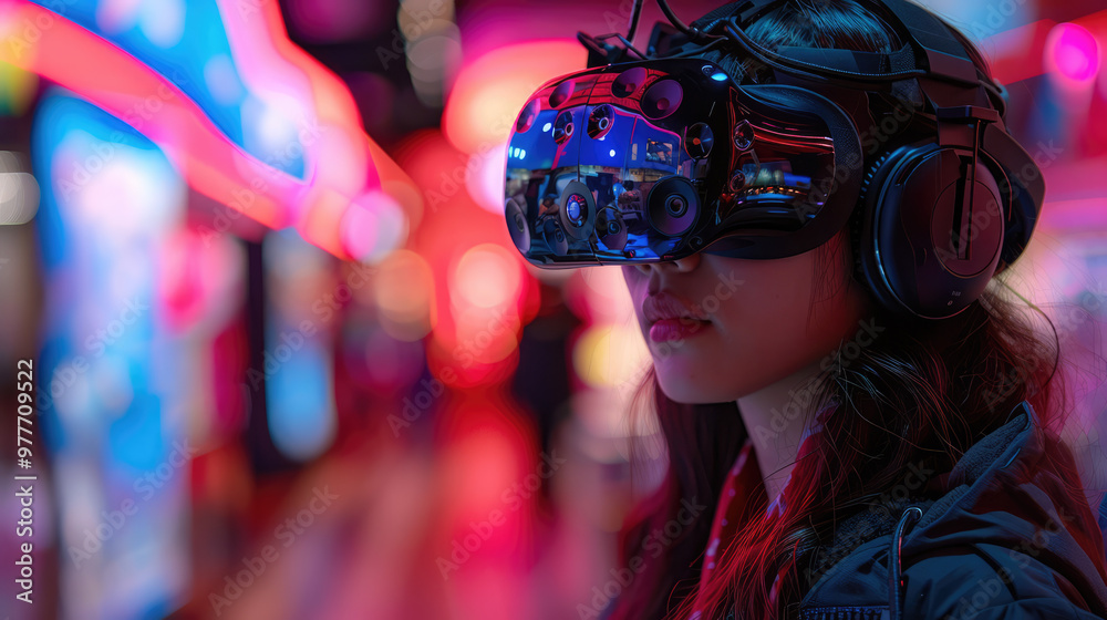 A person wearing VR goggles, immersed in a virtual game world, with vivid and dynamic visuals A person wearing VR goggles, immersed in a virtual game world, with vivid and dynamic visuals