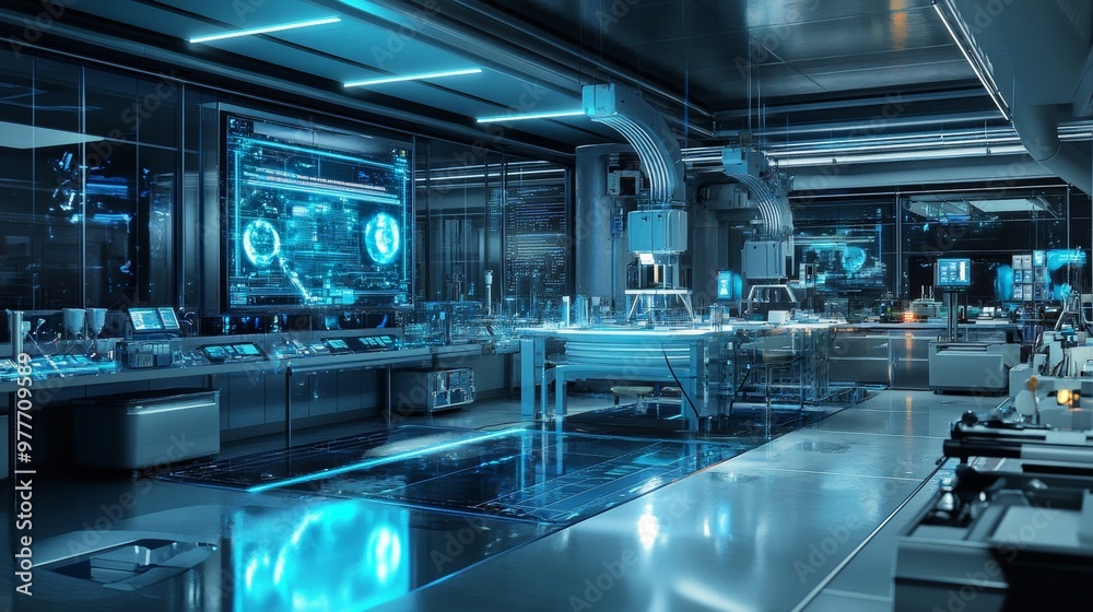 Obraz premium Futuristic Laboratory with Advanced Technology and Digital Interfaces.