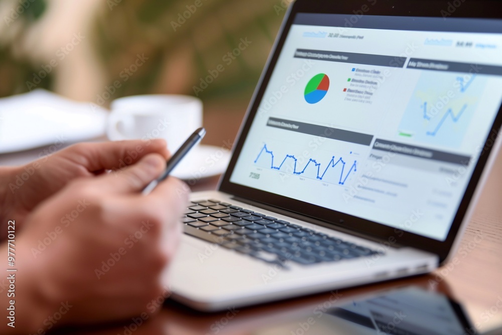 A laptop displays digital marketing analytics while a cup of coffee sits nearby in a bright workspace A laptop displays digital marketing analytics while a cup of coffee sits nearby in a bright workspace