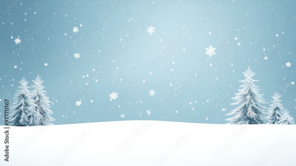 A serene winter landscape with snow-covered trees and gentle falling snowflakes against a soft blue backdrop. A serene winter landscape with snow-covered trees and gentle falling snowflakes against a soft blue backdrop.