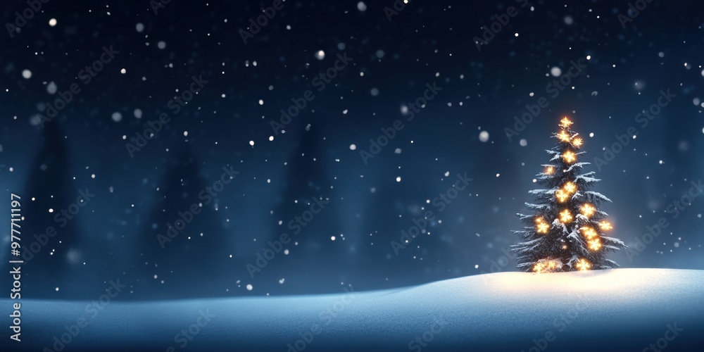 A serene winter night scene featuring a decorated Christmas tree surrounded by gentle snowfall and a peaceful atmosphere. A serene winter night scene featuring a decorated Christmas tree surrounded by gentle snowfall and a peaceful atmosphere.