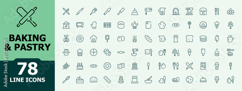 Baking and Pastry line icons. Minimal sweet pastry and bake outline icon or symbols of muffin, food, happy birthday, cheesecake and cookies.