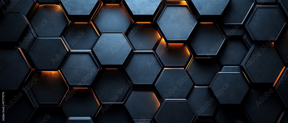 Abstract background of dark blue hexagonal tiles with glowing edges. Abstract background of dark blue hexagonal tiles with glowing edges.