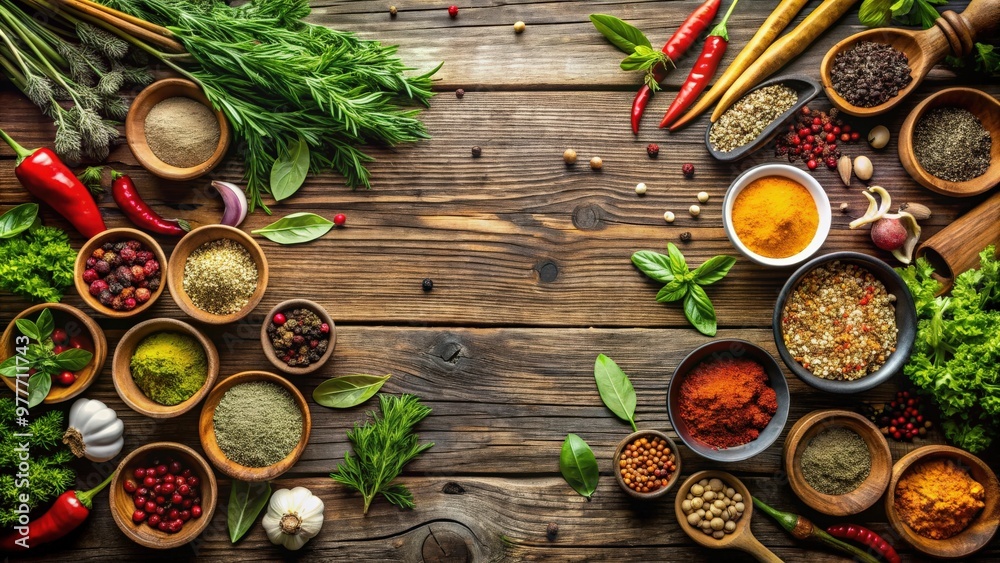 Fresh herbs, condiments, and spices arranged on a rustic wooden table Fresh herbs, condiments, and spices arranged on a rustic wooden table