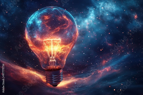 Light Bulb Floating Through the Cosmos with Bioluminescent Glow