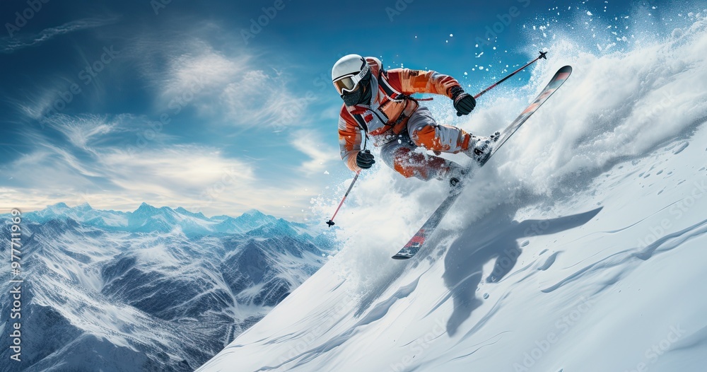 extreme winter sport with skier jumping on trail extreme winter sport with skier jumping on trail