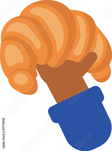A hand grasps a golden plump croissant in a cartoon style. French bread festival, the Bake Fest. Freshly baked treat, crusty and delicious bakery. An advertisement of a delicious meal, a brand logo, o