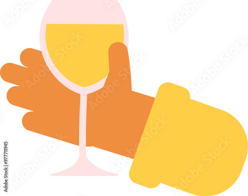 A hand cradles white wine in a cartoon style. Wine festivals and celebration. A significant event, raising a toast in honor of a holiday or a person. An advertisement of a delicious meal, a brand logo