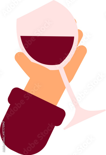 A hand cradles crimson red wine in a cartoon style. Wine festivals and celebration. A significant event, raising a toast in honor of a holiday or a person. An advertisement of a delicious meal, a bran
