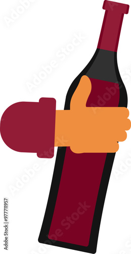 A hand holding a bottle of crimson red wine in cartoon style. Wine festivals and celebration. A significant event or happy occasion. Vector colorful illustration isolated on a white background is suit