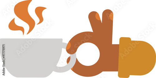 A hand holding a cup of hot beverage in a cartoon style. Coffee festival and events. An advertisement of a delicious meal, a brand logo, or a recipe blog example. Vector colorful illustration isolated