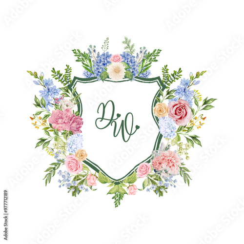 Watercolor floral wreath design with the initials DW in elegant script font, pastel-colored flowers such as roses, hydrangeas, peonies and greenery. photo