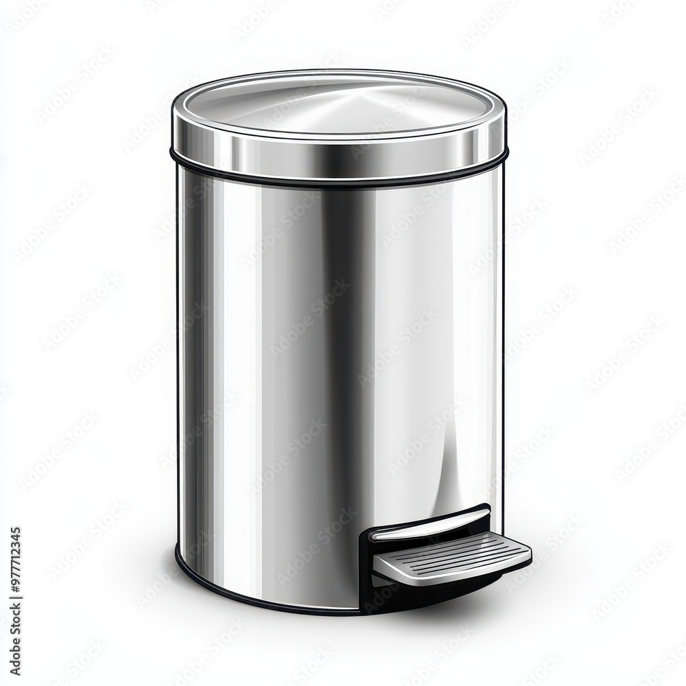 Stylish stainless steel trash bin with a foot pedal for hands-free operation, ideal for modern kitchens and offices, white background Stylish stainless steel trash bin with a foot pedal for hands-free operation, ideal for modern kitchens and offices, white background