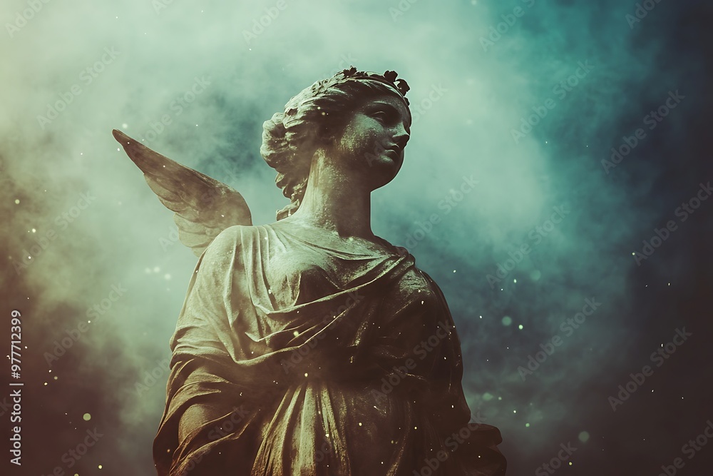 Obraz premium Angel Statue with Dramatic Lighting and Moody Sky