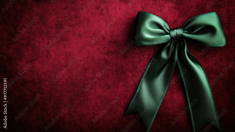 A luxurious, deep red velvet background with a shiny green satin ribbon delicately tied into a bow, leaving ample space for custom text on the right. Ideal for holiday designs.