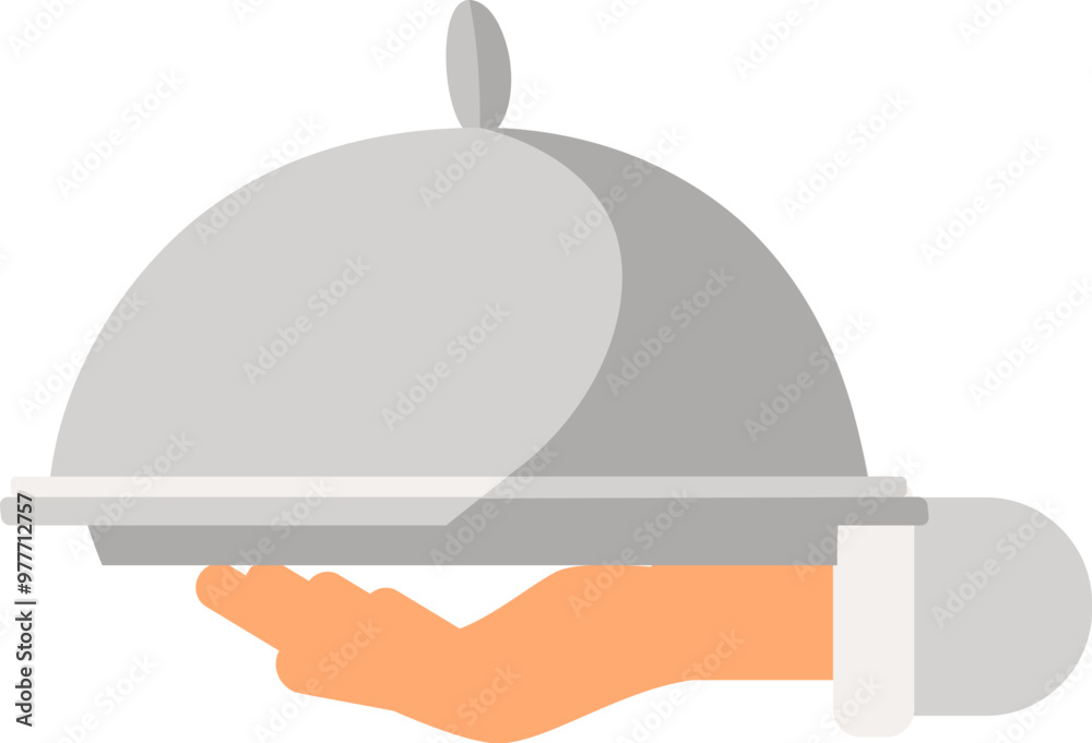 Fototapeta premium A hand holding a serving dish with a cover in cartoon style. Cloche, tray lid, or a dome with a plate. Food service and restaurants. Vector colorful illustration isolated on a white background is suit