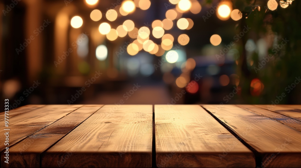 The surface of a wooden table in an outdoor cafe restaurant on a terrace, with a blurred background and glowing bokeh lights The surface of a wooden table in an outdoor cafe restaurant on a terrace, with a blurred background and glowing bokeh lights