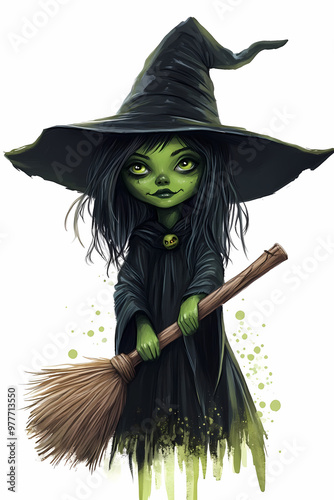 Adorable young witch illustration holding a broom, dressed in a classic pointed hat and witch outfit, perfect for Halloween-themed designs with a cute and magical twist. Ideal for festive artwork photo