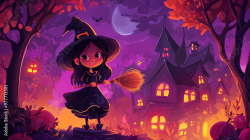 Adorable young witch illustration holding a broom, dressed in a classic pointed hat and witch outfit, perfect for Halloween-themed designs with a cute and magical twist. Ideal for festive artwork photo