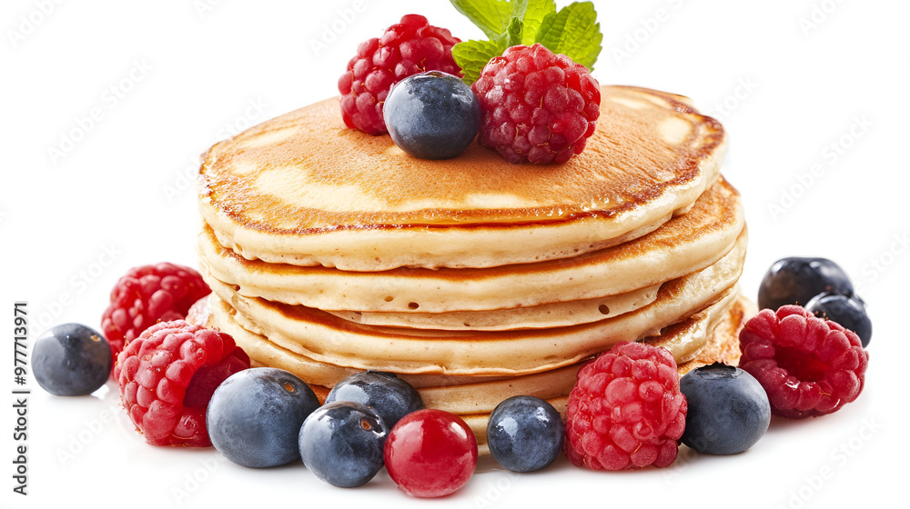 Delicious pancakes with berries, honey or maple syrup. Homemade pancakes and sweet syrup on white plate. Delicious pancakes with berries, honey or maple syrup. Homemade pancakes and sweet syrup on white plate.