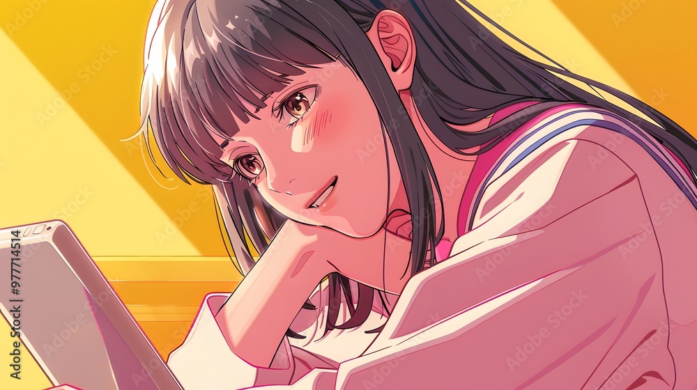 Illustration girl with obscured face holding a pink phone, with a yellow background.